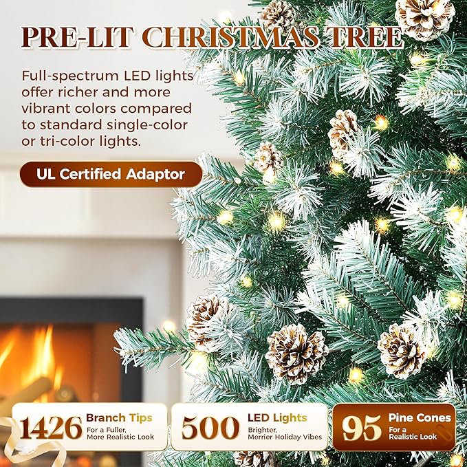 HOLLO STAR 9 ft Prelit Christmas Tree with 500 LED Lights, App Control, Slim Pencil Christmas Tree, Multi-Color RGBW Lights, 1426 Flocked Frosted Tips, Xmas Tree, 95 Pine Cones, for Home, Party