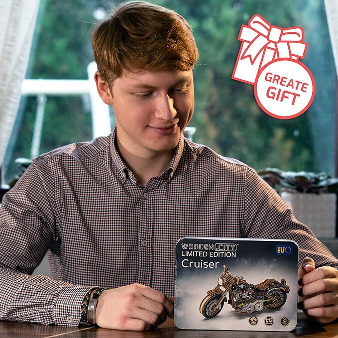 WOODEN.CITY Cruiser V‑Twin LE Mechanical Motorcycle Model Kit, 3D Puzzles for Adults – Motorcycle Puzzle for Adults and Teens; Build a Wooden Bike and Enjoy a Unique Gift