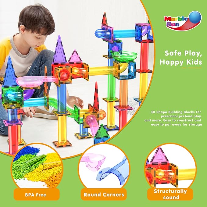 PicassoTiles Marble Run 150-Piece Magnetic Tile Race Track Toy Play Set STEM Building & Learning Educational Magnet Construction Kit Child Brain Development Toys Boys Girls Age 3 4 5 6 7 8+ Years Old