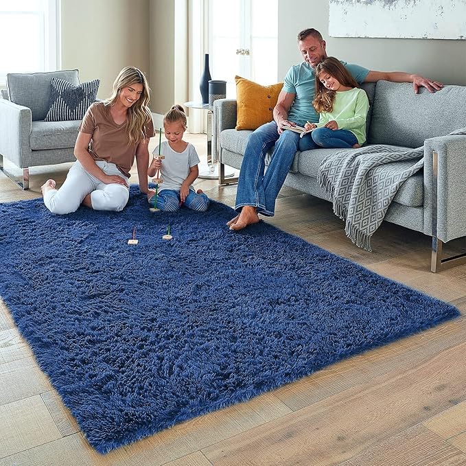 Ophanie 5x8 Blue Rugs for Living Room, Kids Nursery Rug Aesthetic, Playroom Navy Area Rugs for Boys Girls Teen Home Decor, Fluffy Fuzzy Soft Plush Shaggy Bedside Floor Bedroom Carpet for Teen