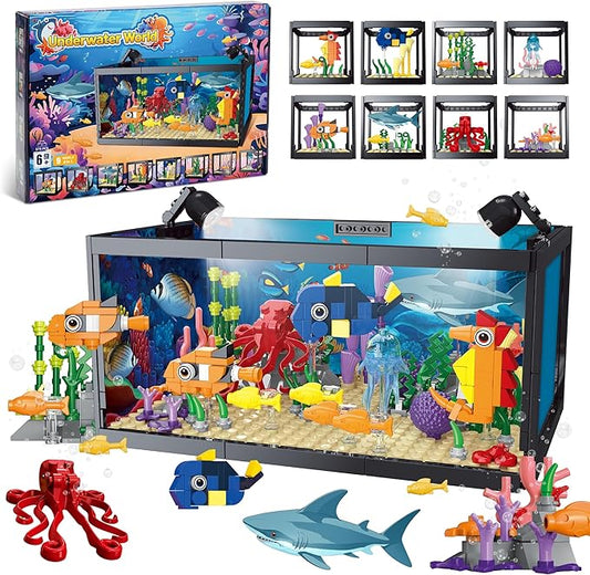 8 in 1 Fish Tank Building Sets, Marine Aquarium Building Block with LED Light Party Favors 9 Model Toy Including Shark Octopus Crab, Christmas Birthday Gifts for Boys Girls Kids Ages 6 8 10 12+