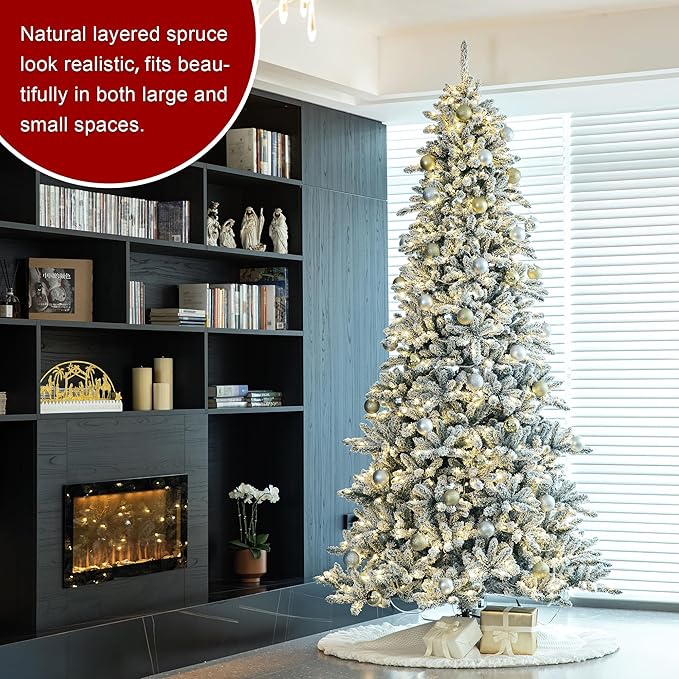 Glitzhome 10ft Pre-Lit Flocked Fir Artificial Christmas Tree with 750 Warm White Lights, Full Size Large Xmas Tree for Holiday New Year Party Home Decor