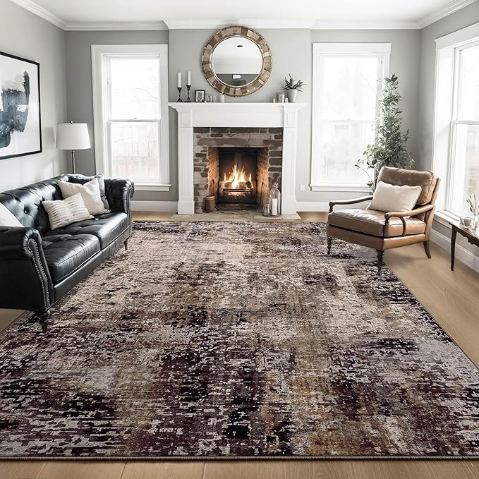 Ompaa Living Room Rug 8x10 Brown Area Rugs Machine Washable Abstract Coffee Boho Large Carpet Non-Slip Non-Shedding Faux Wool Indoor Vintage Rug for Bedroom, Classroom, Dining Room, Kids Playroom