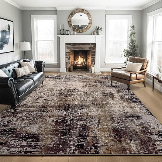 Ompaa Living Room Rug 8x10 Brown Area Rugs Machine Washable Abstract Coffee Boho Large Carpet Non-Slip Non-Shedding Faux Wool Indoor Vintage Rug for Bedroom, Classroom, Dining Room, Kids Playroom