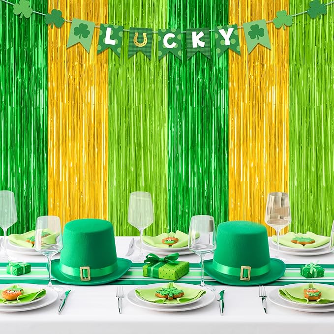 2 Pack St Patrick Party Decorations, 3.28 FT x 7.05 FT Green Gold Light Green Backdrop Curtains, Metallic St.Patrick Fringe Curtains Party Streamer Tinsel Backdrop, St Patrick Party Supplies