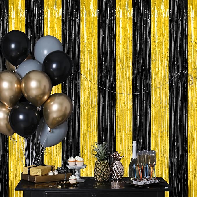 2 Pack Graduation Backdrop, 3.28 FT x 7.05 FT Black and Gold Foil Fringe Curtains, Metallic Foil Curtain Graduation Backdrop, Grad Party Supplies Black and Gold Party Decorations Class of 2025