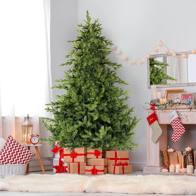 Fraser Hill Farm 9-Ft. Woodside Pine Artificial Christmas Tree with Stand and No Lights, Unlit Foldable Fake Christmas Tree with Realistic Foliage for Home Decoration