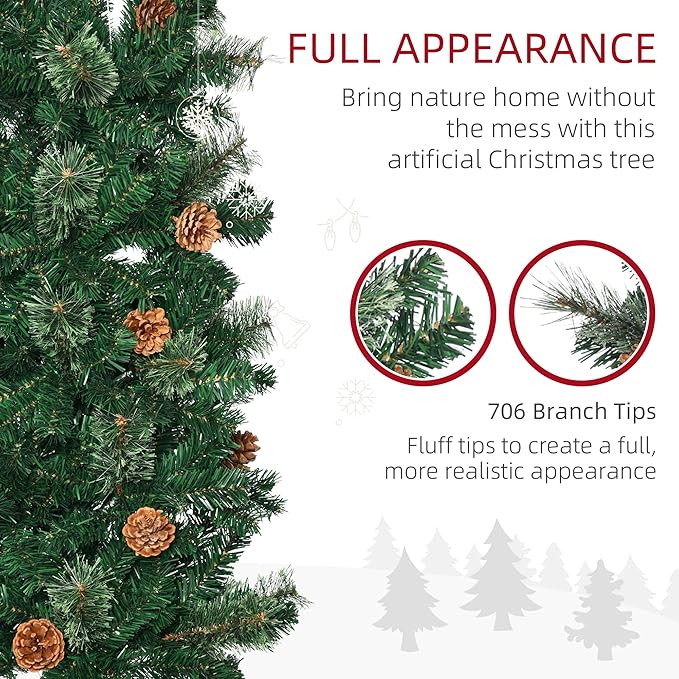 HOMCOM 7.5 Foot Pencil Artificial Christmas Tree, Slim Pine Needles Xmas Tree with Realistic Branches, Pine Cones, Metal Base, Green