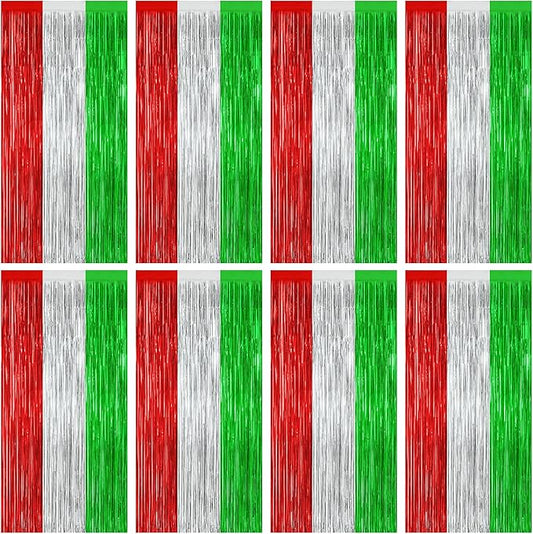 8 Pack Christmas Photo Backdrop, 3.28 FT x 7.05 FT Red Silver Green Party Streamer, Metallic Foil Fringe Curtains Tinsel Backdrop, Christmas Photo Booth Props Door Decor Party Supplies