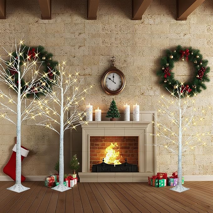 Set of 3 Lighted Birch Tree, 4FT 6FT 8FT Prelit Artificial Christmas Tree with Warm White LED Lights, Indoor Outdoor Christmas Decorations, Lighted Twig Tree for Home Yard Party Garden Decor