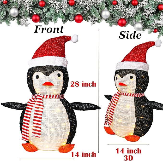Penguin Christmas Decorations Outdoor, 28 Inch Collapsible Penguin Outside Christmas Decorations with 45 LED Lights, Light Up Xmas Yard Decorations, Lighted Porch Lawn Decor