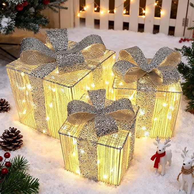 Set of 3 Christmas Lighted Gift Boxes - Pre Lit Presents Christmas Boxes Outdoor Lighted with Different Sizes for Holiday Indoor Outdoor Decoration (Silver, Small)