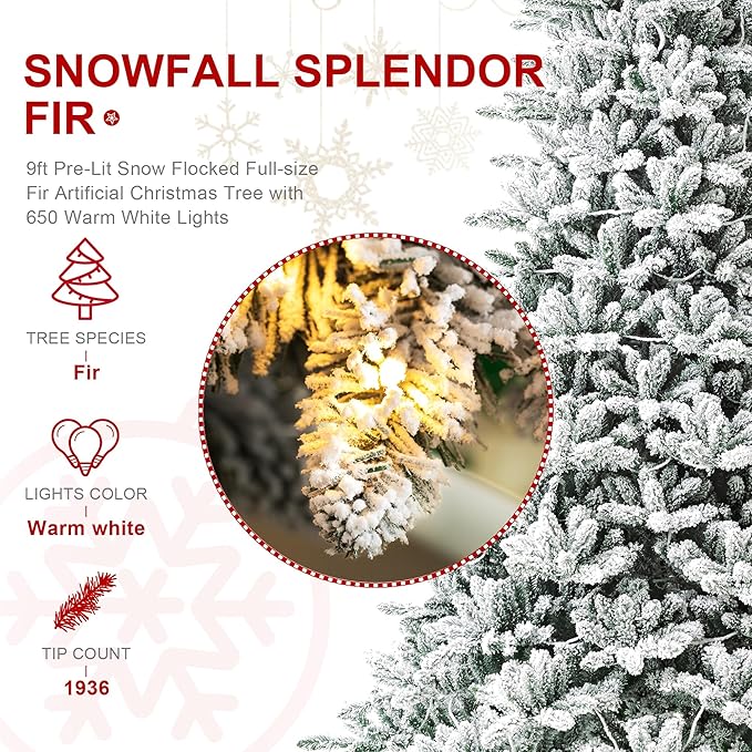 Glitzhome 9ft Pre-Lit Snow Flocked Fir Artificial Christmas Tree, Holiday Xmas Tree with 650 Warm White Lights and Sturdy Metal Stand for Home, Office, Party Decoration
