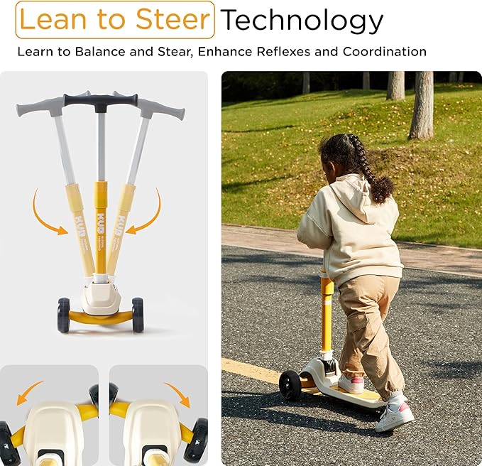 Kids Scooter, 3 LED Lighted Wheels, Any Height Adjustable Handlebar & Lean-to-Steer, Anti-Slip Deck, Easy-Fold Mechanism, Three-Wheel Scooter for Kids Ages 3-14