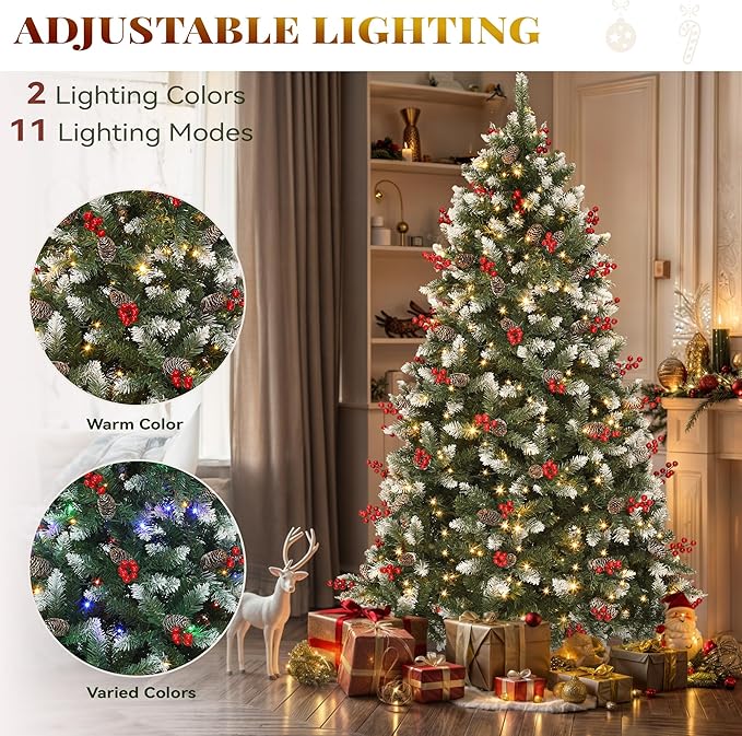 YITAHOME 6FT Prelit Christmas Tree with Remote, Artificial Hinged Pre-Decorated Christmas Tree with 58 Pine Cones & 58 Red Berries, Xmas Tree with 818 Frosted Tips, 250 Lights