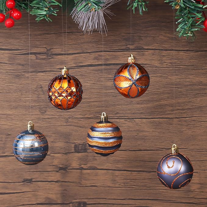 100Pcs Christmas Ball Ornaments Set, Shatterproof Plastic Blue & Orange Christmas Ornaments for Xmas Tree, Assorted Baubles Hanging Decorations for Holiday/Party/Wedding (Blue & Orange)