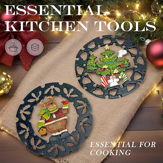 2 Pack Christmas Metal Trivets, Reindeer & Snowman Cast Iron Trivet for Hot Dishes, 7 Inch Heat Resistant Decorative Trivets, Kitchen Gift for Christmas