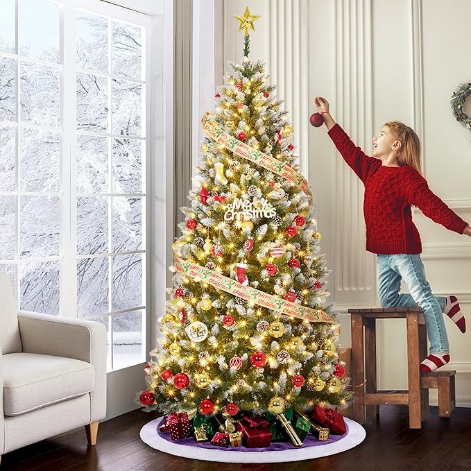 2025 Christmas Pre-Lit Pencil Tree 9FT with Lights, Automatic White Spray Artificial Xmas Tree with Pinecone, Decor for Christmas Holiday