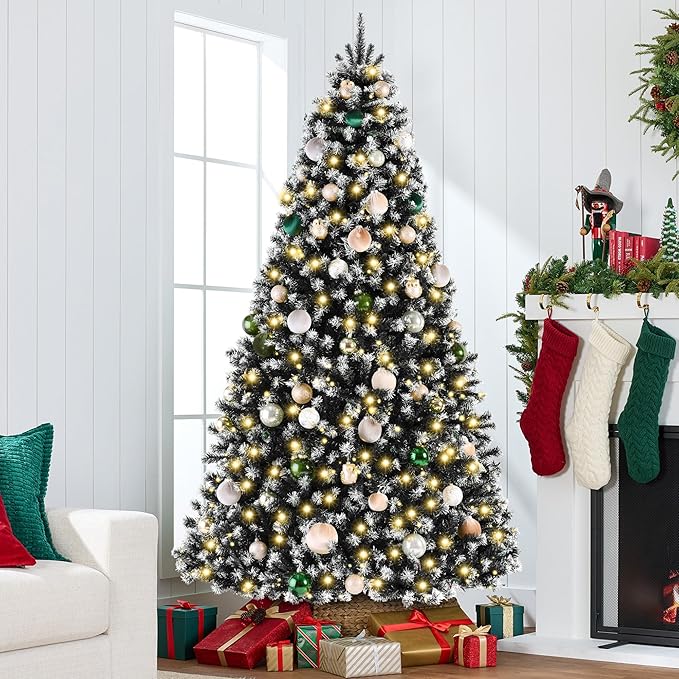 Best Choice Products Artificial Frosted Christmas Tree, 7.5ft Premium Pre-Lit Realistic Spruce Holiday Décor w/Dense Branches, Metal Base – Black Spruce