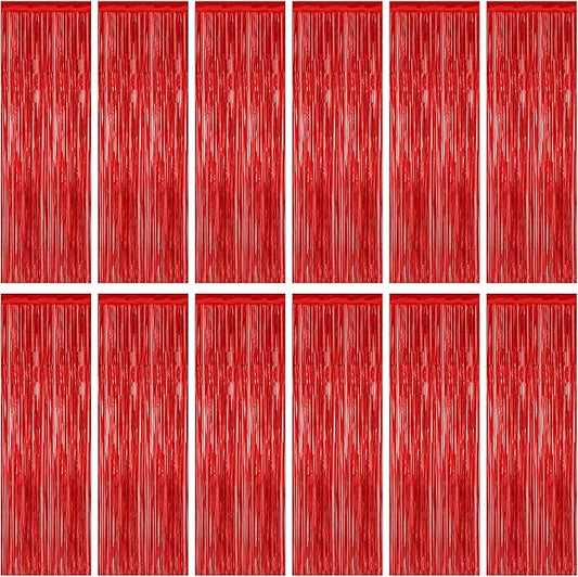 12 Pack Red Curtains, 3.28 FT x 7.05 FT Party Streamer, Metallic Party Backdrop Birthday Streamer Foil Curtains, Fringe Tinsel for Red Party Decor Casino Theme Decorations Party Supplies