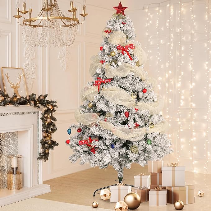 6FT Premium Artificial Christmas Tree, Snow Flocked Hinged Pine Tree w/1000+ Snowflake Branches, Solid Metal Stand for Holiday Decoration Indoor Outdoor Use