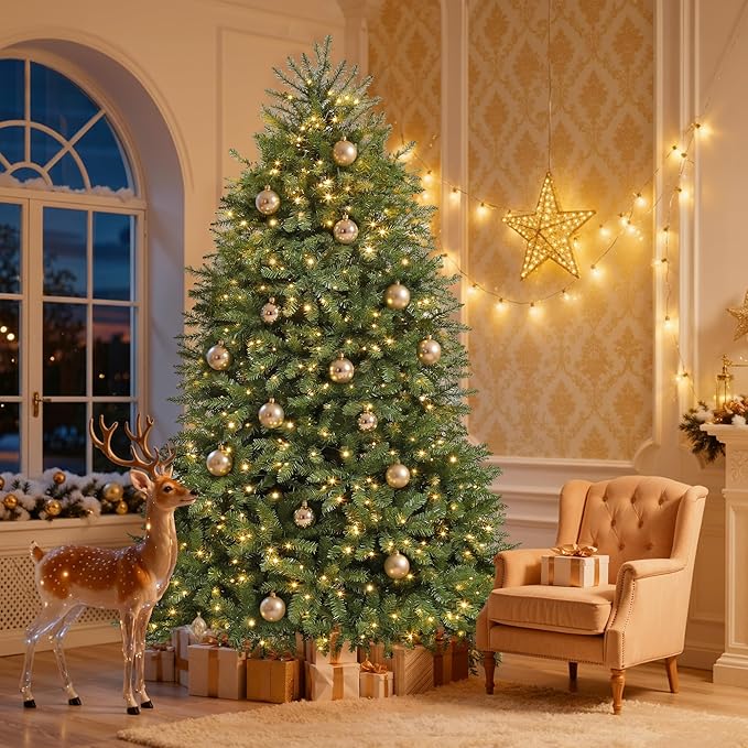 DWVO 7.5ft Pre-Lit Christmas Tree, Bell-Shaped Artificial Pine Christmas treewith 11 Light Modes, Stand Included, Fit for Holiday Decorations, Festive Atmosphere Enhancer, Green