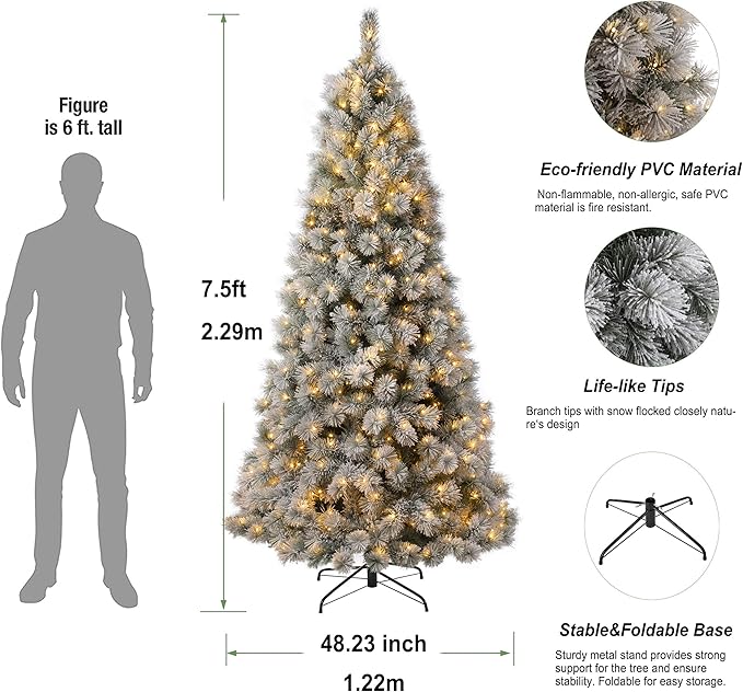 Glitzhome 7.5ft Pre-Lit Artificial Christmas Tree, Snowflake Flocked Pine Tree, Warm White Light, 688 Branch Tips, and Easy Assembly Metal Stand for Christmas and Party Home Decoration