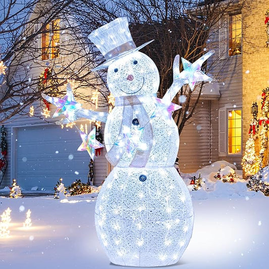 Tangkula 5 FT Christmas Lighted Snowman with Stars, Lighted Christmas Decoration with 140 Cold White LED Bulbs, Ground Stakes & Zip Ties Included, Xmas Festive Decoration for Indoor & Outdoor