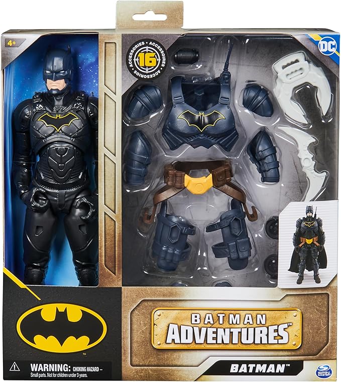 DC Comics, Batman Adventures, Batman Action Figure with 16 Armor Accessories, 17 Points of Articulation, 12-inch, Super Hero Kids Toy for Boys & Girls