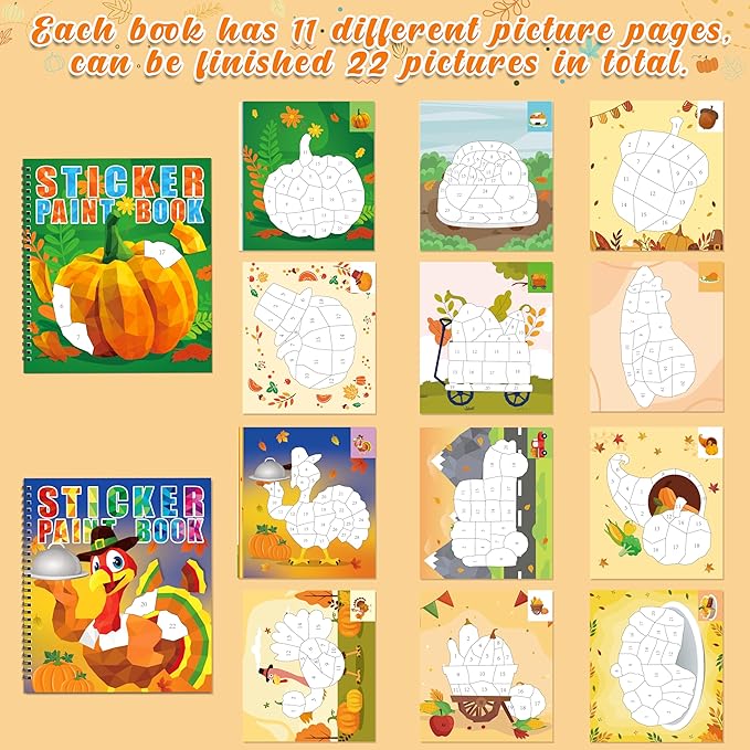90shine 2PCS Thanksgiving Crafts for Kids Sticker Books Ages 4-8 Fall Turkey Pumpkin Harvest Designs Party Gift Create 22 Pictures