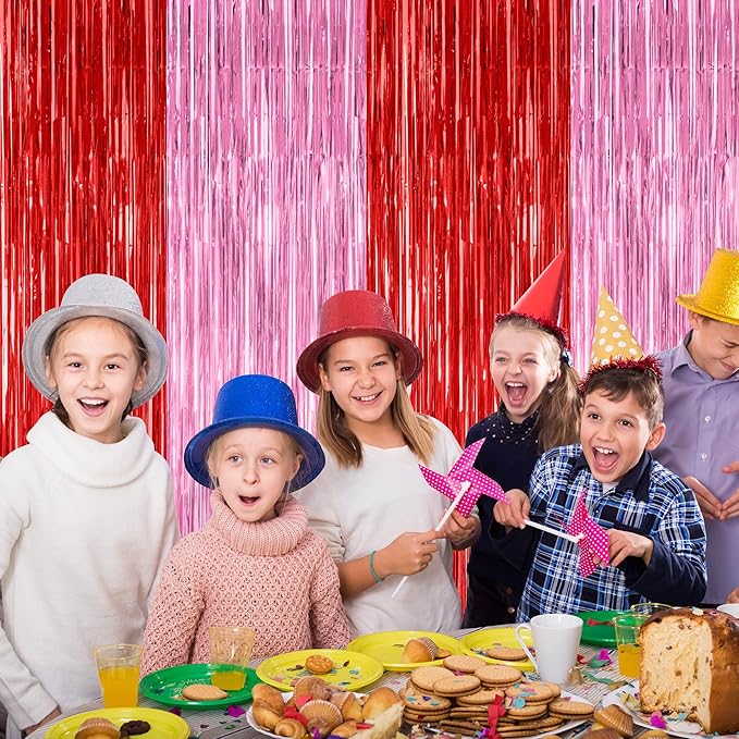 2 Pack Backdrop Curtains, 3.28 Feet x 7.05 Feet Red Pink Backdrop, Metallic Fringe Curtains Tinsel Backdrop Party Streamer, Babie Backdrop Happy Birthday Party Supplies Decorations