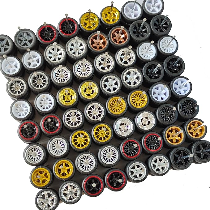 1:64 Scale Rubber Tire and Axle Set – 10-Pack Custom Wheels with Easy-Install Axles for Hot Wheels & Matchbox Cars – Mixed Styles, No Drilling Needed