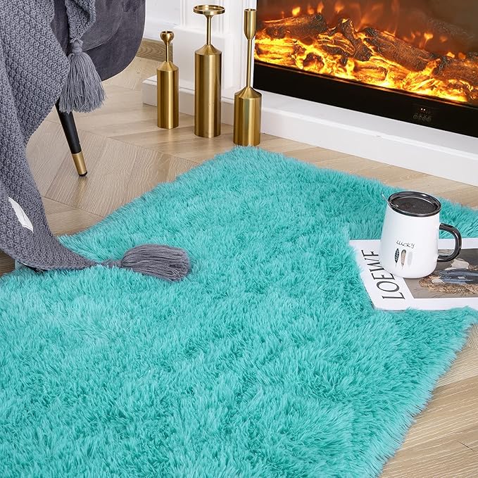 Ompaa Fluffy Runner Rugs, 2x4 Feet Teal Blue, Super Soft Shaggy Carpet Fuzzy Long Fur Rug for Bedroom Living Room Dorm, Plush Kids Playroom Baby Girls Nursery Decor Mats