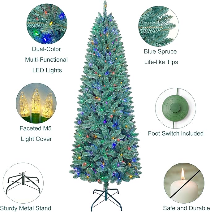 7.5FT Prelit Slim Artificial Christmas Tree with 843 Branch Tips, 250 Dual-Color LED Lights and Metal Stand, Realistic Skinny Pencil Blue Spruce Tree with Multi-Function Lights
