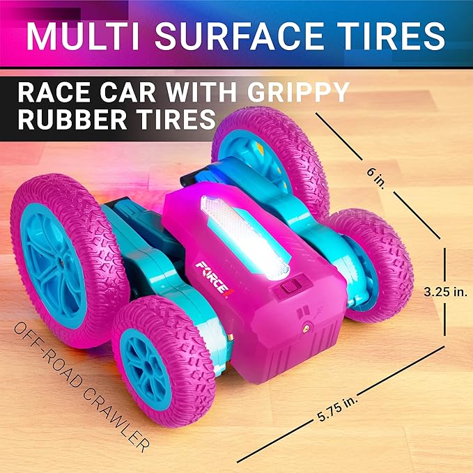 Force1 Tornado Pink LED Remote Control Car for Kids - Double Sided Driving Fast RC Cars 360 Flips, Outdoor 4WD Off Road Stunt RC Car, All Terrain Tires, RC Crawler Rechargeable Battery, 2.4GHz Remote