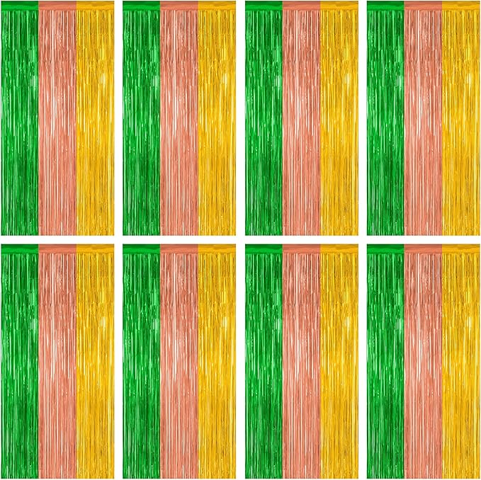 8 Pack Hawaiian Party Decorations, 3.28 FT x 7.05 FT Luau Party Decorations, Green Brown Yellow Backdrop Fringe Curtains Foil Streamer, Metallic Summer Decor Photo Booth Props