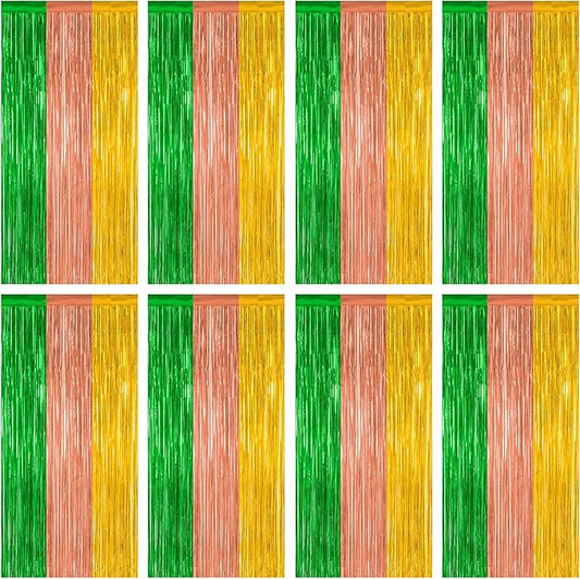 8 Pack Hawaiian Party Decorations, 3.28 FT x 7.05 FT Luau Party Decorations, Green Brown Yellow Backdrop Fringe Curtains Foil Streamer, Metallic Summer Decor Photo Booth Props