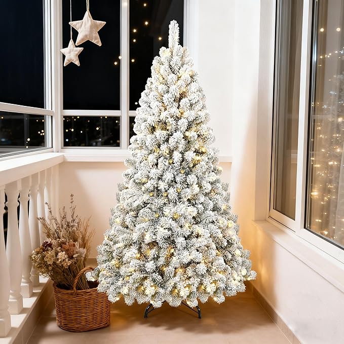 Kadunmina 6ft Pre-lit Artificial Christmas Tree, Hinged Snow Flocked Xmas Trees with 300 Incandescent Warm White Lights, 779 Branch Tips and Metal Stand for Home, Office, Holiday Decor,Green & White