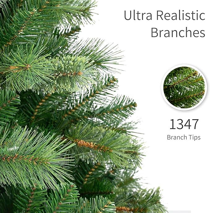 Puleo International 7.5ft Pre-Lit Teton Pine Christmas Tree with 600 Clear Lights, 1347 Realistic Dense Branch Tips, Easy Setup Artificial Trees with Sturdy Metal Stand