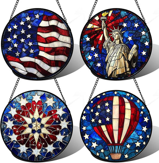 Stained Glass Window Hanging 4 Pcs Set Red Blue Flag Freedom Theme 9.8" - Suncatcher Door Garden Sun Catcher Decor Birthday Christmas for Mom Woman Nana Men Friend