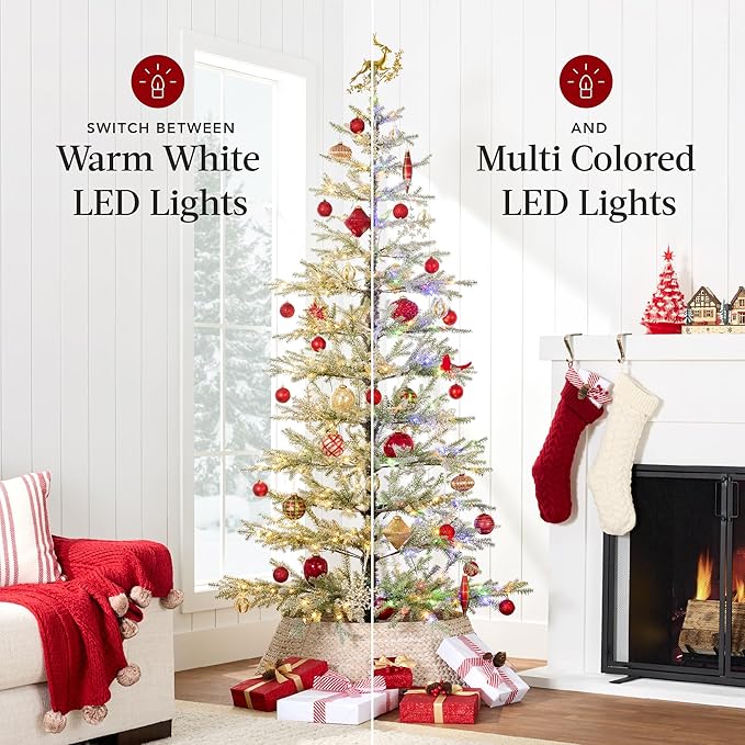 Best Choice Products Pre-Lit Sparse Christmas Tree 6ft Artificial Flocked Pine Holiday Décor Aspen Noble Fir White & Multicolor LED Lights- Green