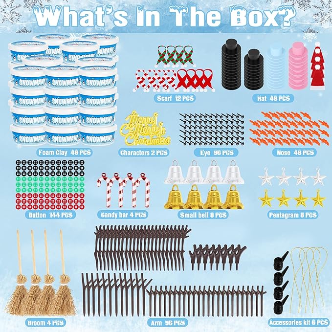 48 Pack Snowman Kit, Christmas Crafts DIY Toys Kit, Build a Snowman Craft Winter Decorations Indoor, Creative Air Dry Clay Modeling Crafts, Christmas Activities School Family Party Supplies