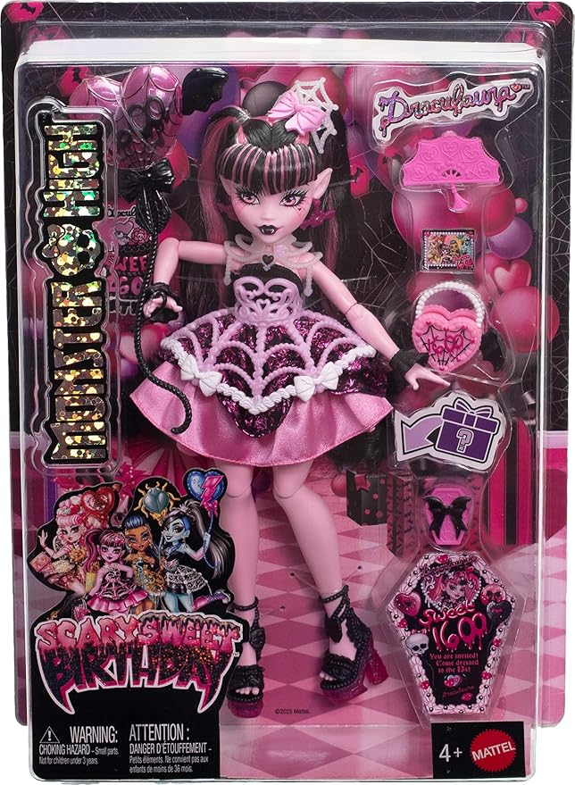 Monster High Scary Sweet Birthday Doll, Draculaura in Pink Party Dress with Themed Accessories Like Invite, Balloon, Gift, Fan and More