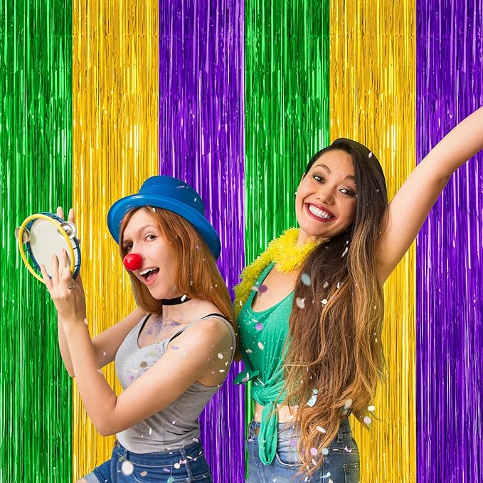 2 Pack Mardi Gras Tinsel Backdrop, 3.28 FT x 7.05 FT Metallic Fringe Curtain, Purple Gold Green Color Foil Backdrop Party Streamer, Mardi Gras Photo Booth Props Lobster Party Decorations