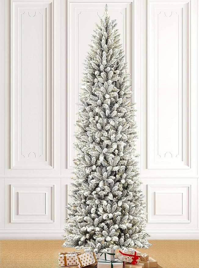 Glitzhome 9ft Prelit Christmas Tree, Snow Flocked Christmas Trees with 600 Warm White Lights, Pencil Christmas Tree Snowy Splendor Fir Artificial Tree w/1860 Branch Tips and Foldable Metal Stand