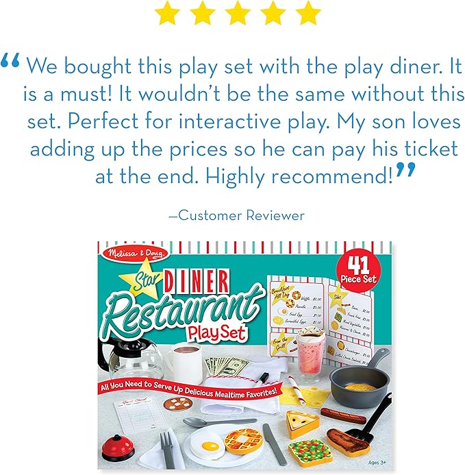 Melissa & Doug Star Diner Restaurant Play Set (41 pcs) - Pretend Play Food, Restaurant Toy Set With Cookware, Utensils For Kids, Diner Playset for Kids And Toddlers, Ages 3+