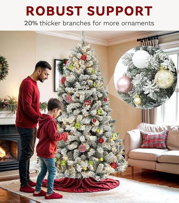 DWVO 6 ft Prelit Snow-Flocked Artificial Pine Christmas Tree, Full Xmas Tree with 250 Lights, 11 Lighting Modes, 1000 Tips, Foldable Base for Home and Party Decor with Remote Control