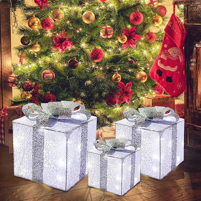 Christmas Light Gift Box Decorations, 3-Piece Set, Pre-Strung Wired Gifts with Bows, Illuminate Christmas Tree Skirt Decorations. Suitable for Indoor and Outdoor Use.（Silver）