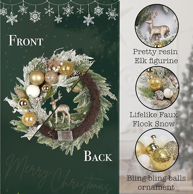 24 inch Pre-Lit Gold Christmas Wreath for Front Door Outdoor, Decorated with Ornaments, Deer Figurine, Flocked Artificial Green Pine Branches, White LED Lights