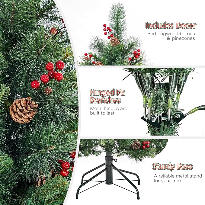 6FT Pre-lit Artificial Christmas Tree, Pre-Decorated Fluffy Fraser Fir with 350 Warm White Lights, 900 Hinged Branch Tips, Pine Cones & Berries, Includes Metal Stand for Holiday Decor